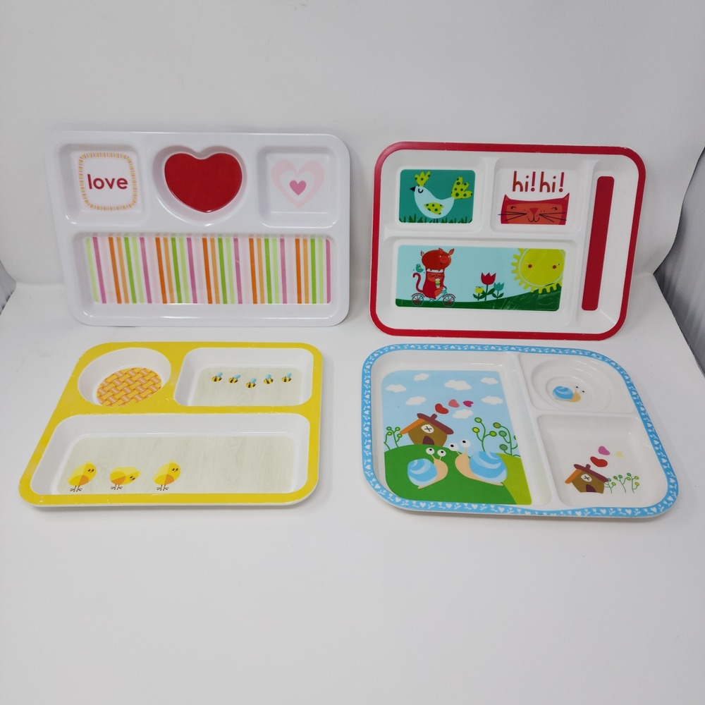 Melamine‎ Ware Divided Trays Set 4 Kids Multicolor Bird Chicks Love Heart Plates